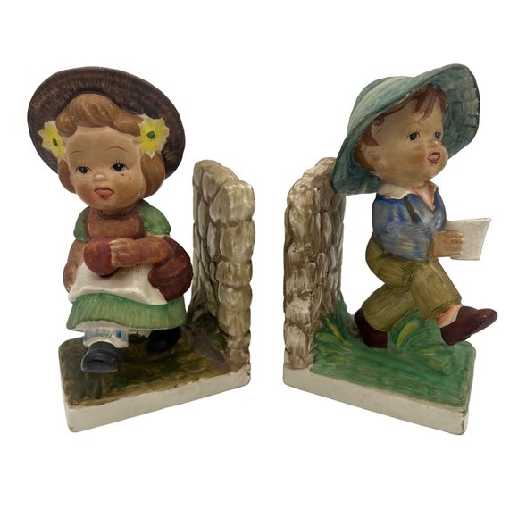 Vintage Ucagco Ceramic Bookends Boy & Girl Made in Japan 6.5" Tall Collectible - Picture 1 of 8